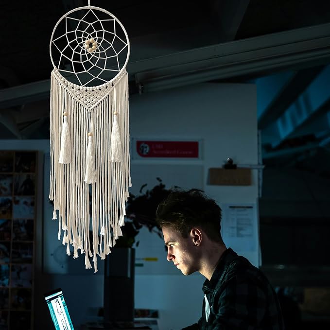 Dream Catcher Macrame Wall Hanging, Boho Decorations for Bedroom Living Room Wedding Party Home Decor, 14" Inner Dia, with 5.9ft Cotton Rope (Medium, Solid)