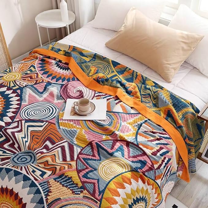 Boho Throw Blanket for Bed 100% Cotton Bohemian Blankets Ultra Soft Woven Muslin Decorative Blankets All Seasons Vintage Quilt Knitted Blanket for Sofa Chair (Colorful, 80"x90")
