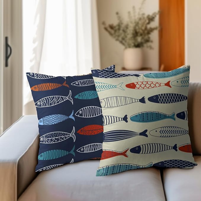 Fish Throw Pillow Covers Decorative Cotton Linen Pillowcases Colorful Fish Pillow Case Set of 2 Nautical Theme Square Cushion Covers for Sofa Bedroom Couch Home Outdoors