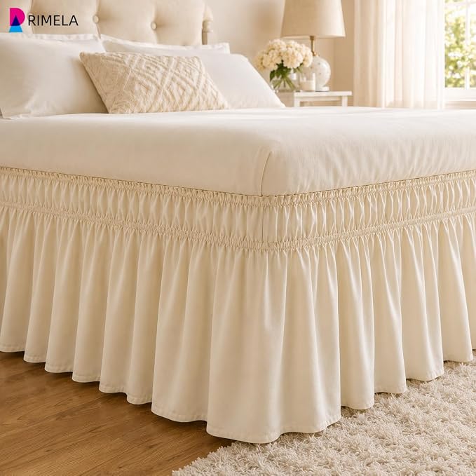 Light Beige Bed Skirt King Size 15" Drop, Elastic Wrap Around Bedskirt | Solid Ruffled, Easy to Use, No Mattress Lifting, Wrinkle & Fade Resistant, with Adhesive Strips, Machine Wash/Dry/Iron