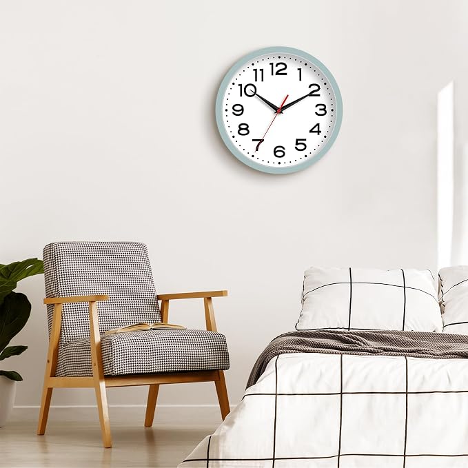 Roymnie 8 Inch Small Wall Clock, Battery Operated Silent Non Ticking | Blue Gray analog wall clock; bold numerals for easy reading; silent non-ticking; 1 AA battery (not included); for classroom