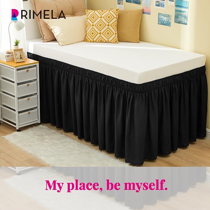Dorm Room Bed Skirt Twin XL 42" Drop, College Split Corner Bedskirt, Black | Solid ruffled, Wrap-around/elastic, Wrinkle & Fade resistant, with Adhesive Strips, Gift Packed, Machine Wash/Tumble Dry/Iron