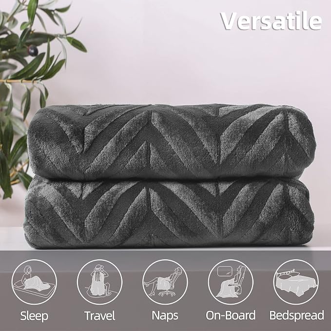 Whale Flotilla Flannel Fleece Bed Blanket Queen Size, Dark Grey | Lightweight Breathable Soft Bedspread, Plush Fluffy Coverlet Chevron Design Decorative Blanket for All Season, 90x90 Inch