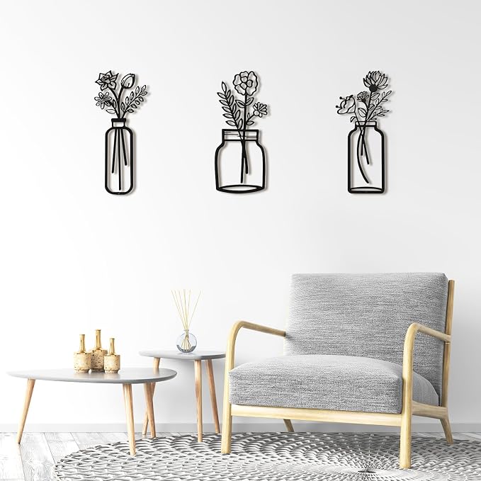 Art3d Metal Wall Art, Set of 3 Black Wall Decor for Bedroom Living Room office Study Hallway, Flower Pattern Minimalist Metal Wall Sculptures | for Bedroom Living Room office Study Hallway, Flower Pattern Minimalist Metal Wall Sculptures