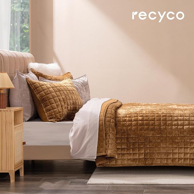 RECYCO Channel Box Stitch Velvet Quilt Set, King Size, Caramel Gold | Ultra Soft Lightweight Velvet Comforter, Luxury Oversized Bedspread Coverlet, Quilted Bedding Set for All Season with 2 Shams