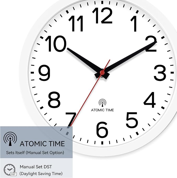 AKCISOT 10 Inch Wall Clock, Silent Battery Operated Analog Clock, White | Atomic | Classroom | Kitchen | Office | Easy to Read Numbers | Garage