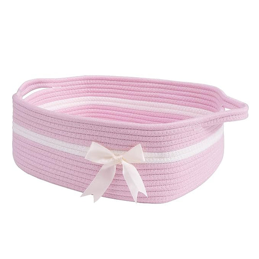 CHICVITA Small Woven Rope Gift Basket, Decorative Shelf Basket, Pink | 13" x 10" x 5" Storage Baskets for Toys, Diapers & Towels, Fits Nursery & Bathroom Organization, Built-In Handles, Bow Design