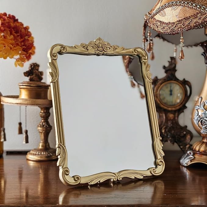 SIKOO 8x10 Inch Vintage Mirror, Decorative Wall Mirror,Makeup Mirror for Table,Antique Home Decor,Ornate Wall Art,Resin and Premium Glass, Gold