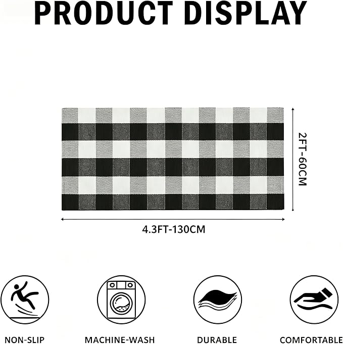 SEEKSEE Buffalo Plaid Outdoor Rug 24x52 Black and White Front Door Mat, Layering Rug for Porch, Washable Doormat, Cotton Area Rug for Outdoor Entrance Entryway Patio Porch Decor