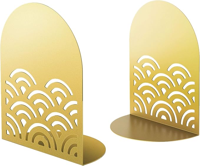 QiMing Ukiyoe Auspicious Clouds Bookends for Books,1 Pair Metal Wavy Pattern Book Holders for Office Shelves Adults Gift(Gold)