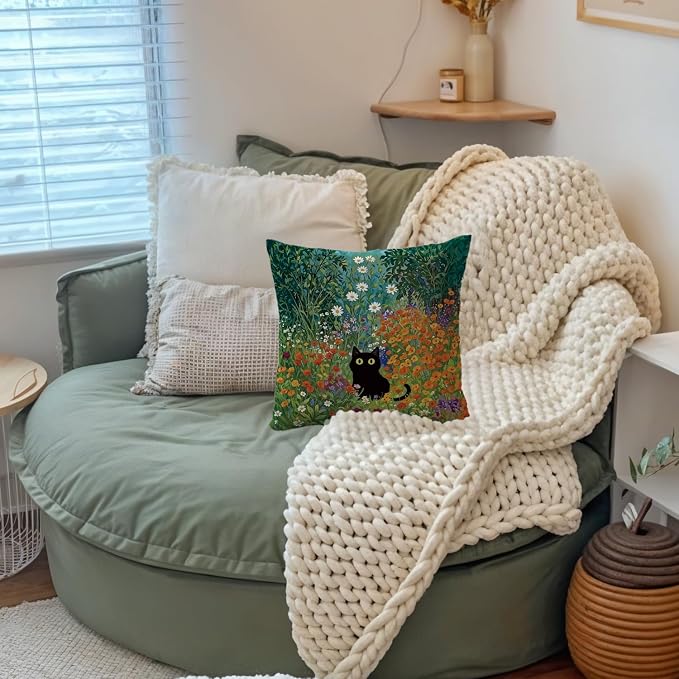 William Morris Flower Black Cat Pillow Covers 18x18, Floral Cats Decorative Pillow Covers for Home Bedroom Living Room Office Decor, Cat Lovers Mom Grandma Gifts for Mother's Day