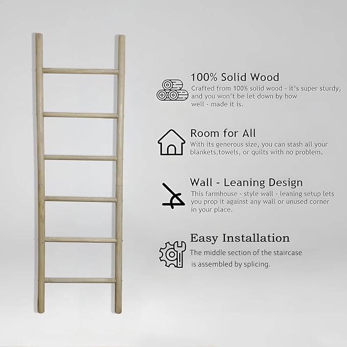 Wooden Blanket Ladder -77x24in Natural & Motley Wood - Leaning Wall Decor for Bedroom, Bathroom, Living Room - Rustic Quilt Holder & Towel Rack (77x24in | Knock Down,Light Wood Color)