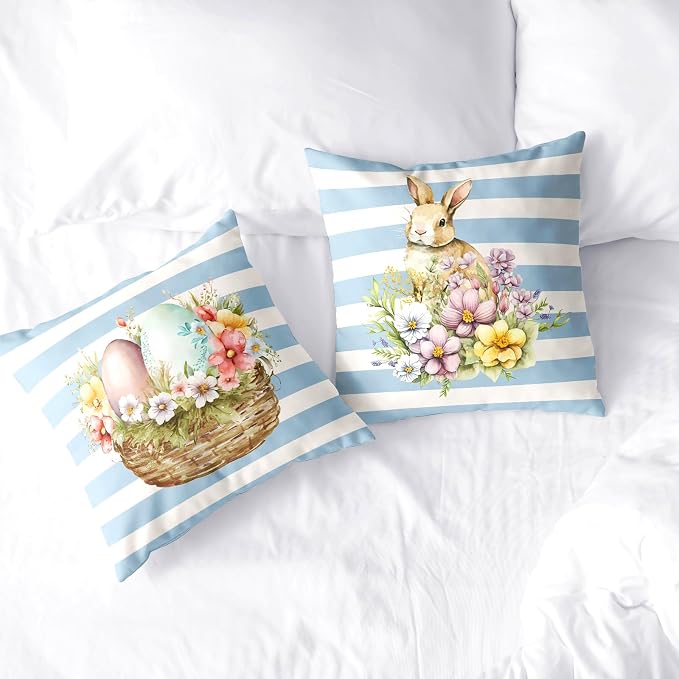 Blue and White Stripes Easter Pillows Decorative Throw Pillow Covers Flowers Colorful Eggs Bunny Pillow Cases 20 x 20 Set of 2 Spring Decoration for Indoor Living Room