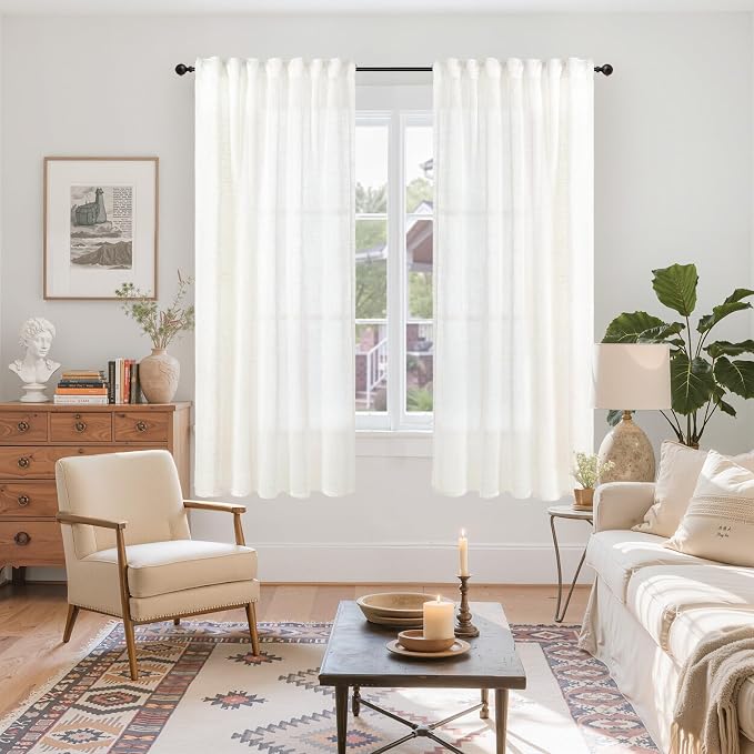 YoungsTex Ivory White Linen Curtains 63 Inch Length for Living Room, Semi Sheer Window Drapes Light Filtering Textured with Rod Pocket Back Tab for Bedroom, 2 Panels, 42 X 63 Inch
