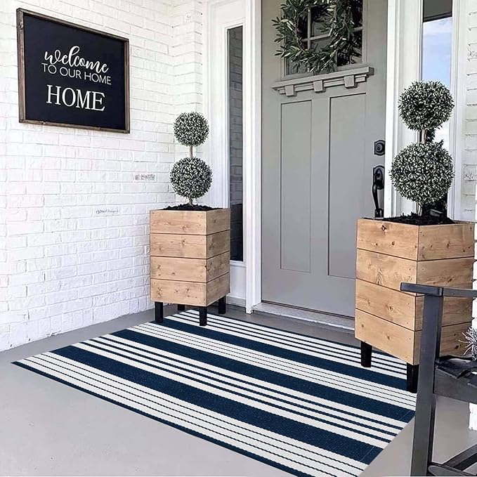 Blue and White Outdoor Rug 3'x 5'Striped Front Porch Rug Layered Door Mat | Cotton Woven Machine Washable Farmhouse Indoor Outdoor Area Rug Combined With Hello Welcome Mat