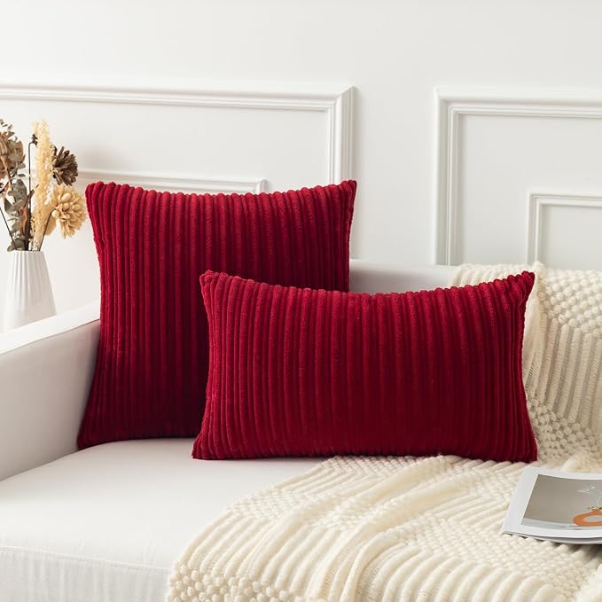 Kevin Textile Striped Corduroy 18”x18” Pillow Covers 2 Pack, Burgundy