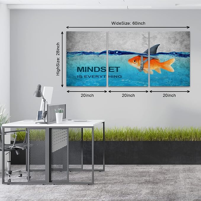 KAWAHONE 3 Panels Modern Framed Inspirational Quote Canvas Wall Art-Mindset is Everything Goldfish Strong Shark Motivational Posters Framed, Bathroom Bedroom Office Decor Framed Ready to Hang