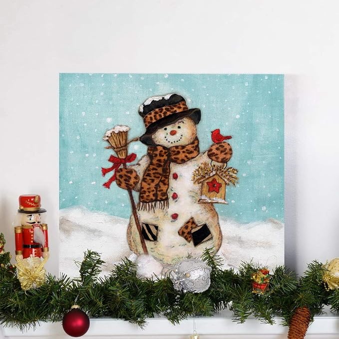 Renditions Gallery Canvas Wall Art Paintings & Prints Snowman with Hat & Cardinal in Winter Snow Abstract Hanging Artwork for Bedroom Home Kitchen Wall Decorations - 24"X24" LT05