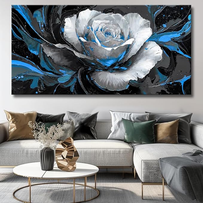 Large White Rose Flower Wall Art Elegant Flower Framed Floral Canvas Print for Living Room, Bedroom, Dining Room, Home Office Modern Ready to Hang Home Decor - 24"x48"