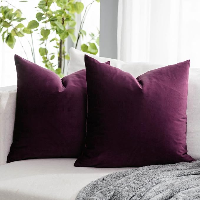 Eggplant Purple Decorative Velvet Throw Pillow Covers 22x22 inch Set of 2 with Zipper Luxury Soft Solid Square Cushion Covers Case for Sofa Couch Bed Living Room