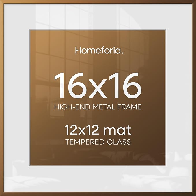 Homeforia 16x16 Bronze Picture Frame, High-End Metal, 12x12 Mat, Glass