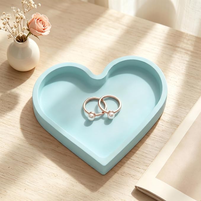 BLESWIN Cute Heart Silicone Jewelry Dish, Soft Ring Holder Tray, Small Trinket Bowl for Keys Earrings Necklace, Aesthetic Home Decoration Gift for Women Girls Mom Best Friend, light blue