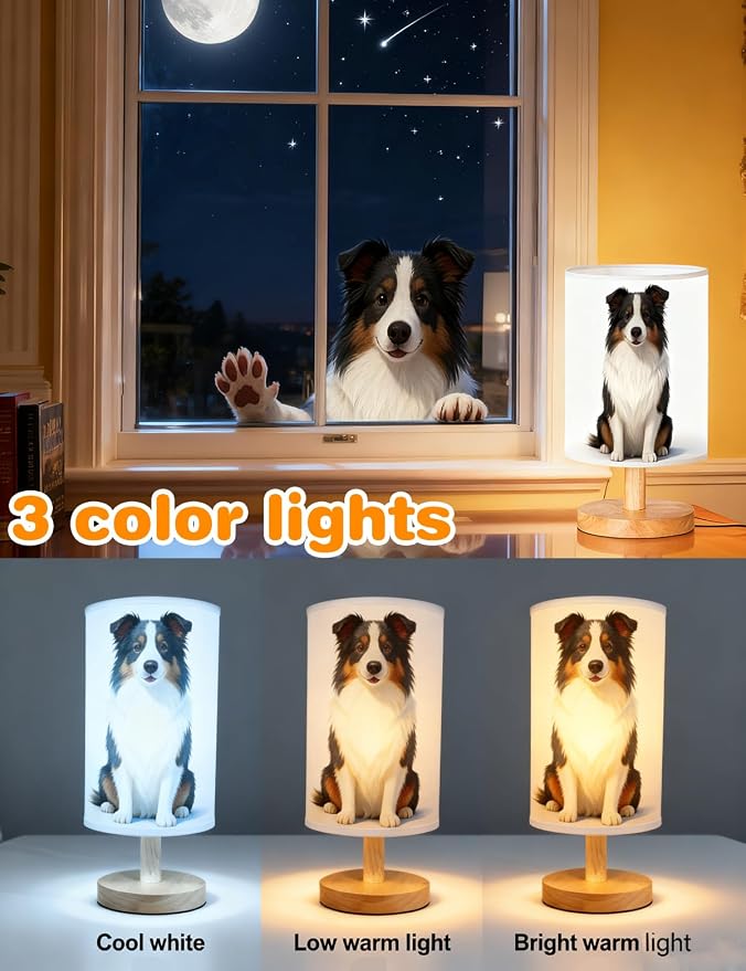 Dog Lamp, Animal Lamp 3 Colors Nightstand Light Lamp, Round Wood Base Flaxen Fabric Desk Lampfor Kids Room, Dog Night Light Gift for Kids (LED Bulb Included) (Dog)