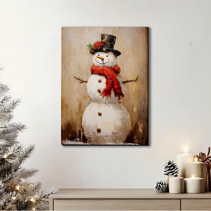 Rustic Snowman Christmas Wall Art 16x24in, Framed Christmas Pictures for Bedroom & Bathroom Wall Decorations, Farmhouse Winter Scene Painting Canvas Prints for Living Room