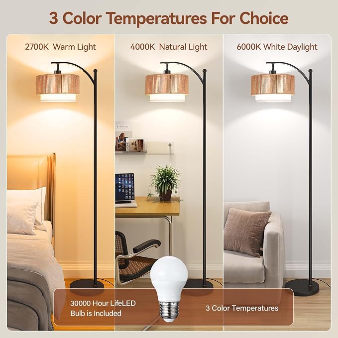 SUNMORY Arc Floor Lamps for Living Room, Rattan Standing lamp with 12W Bulb