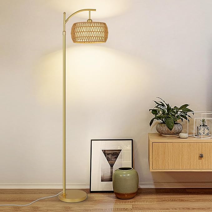 eyassi Arc Floor Lamp with 3 Color Temperatures, LED Gold Floor Lamp with Remote & Stepless Dimmable Bulb, Boho Standing Lamp with Rattan & Fabric Shades, Farmhouse Tall Lamp for Living Room Bedroom