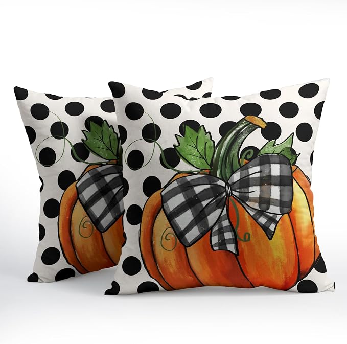 Fall Outdoor Pillows Covers 16x16 Inch Set of 2 Orange Pumpkin Black Polka Dot Decorative Throw Pillowcase Autumn Thanksgiving Seasonal Cushion Case Farmhouse Cotton Linen Pillow Cover for Home Patio