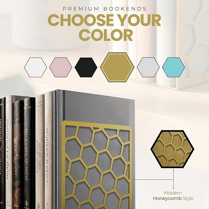 Gold Geometric Honeycomb Metal Bookends - Book Ends for Shelves - Decorative Modern Heavy Duty Bookend Stopper - Book Ends for Heavy Books - Home Office Book Holder - 1 Pair, 6x3.25x6.25 in
