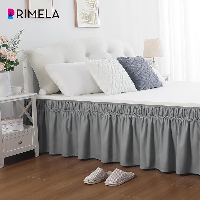 Grey Bed Skirt King Size 12 Inch Drop, Elastic Wrap Around Bedskirt | Solid Ruffled, Easy to Use, No Mattress Lifting, Wrinkle & Fade Resistant, with Adhesive Strips, Machine Wash/Dry/Iron