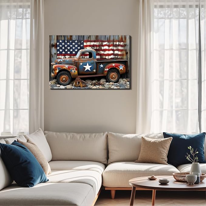 Framed Rustic American Flag Vintage Truck Wall Art, Patriotic Farmhouse Canvas Art Pictures, Distressed USA Wall Decor for Garage Man Cave Living Room, Ready to Hang Made in USA