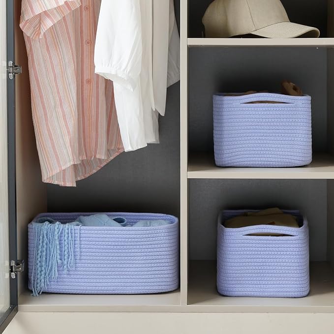 3 Pack Small Storage Baskets for Organizing, 11.8×7.8×5.1", Sky Blue | Woven Baskets for shelves, Cotton Rope Basket for Gifts Empty, Closet Organizer Bins with Handles, Cube Decorative Box