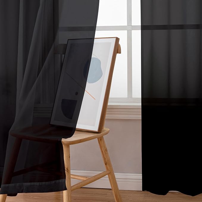 Simplebrand Black Sheer Curtains 84 Inches Long, Light Filtering Rod Pocket Solid Color Window Sheer Curtain Panels, Elegant Curtains & Drapes for Living Room, Bedroom 2 Panels (Black, 42" W x 84" L)