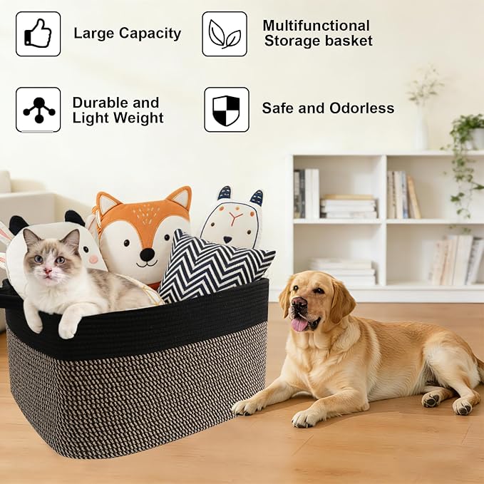 96L Laundry Basket with Handles, Extra Blanket Basket, Black/Jute | 24"×16"×15" Collapsible Cotton Rope Storage Basket for Toys Clothes & Pillows, Nursery, Bathroom, Bedroom, Living Room