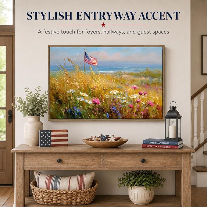 American Flag Framed Canvas Wall Art, 4th of July Patriotic Canvas Prints | Wildflower Landscape Poster Print, Vintage Rustic Independence Day Wall Decor for Bedroom Living Room Office 8×10in