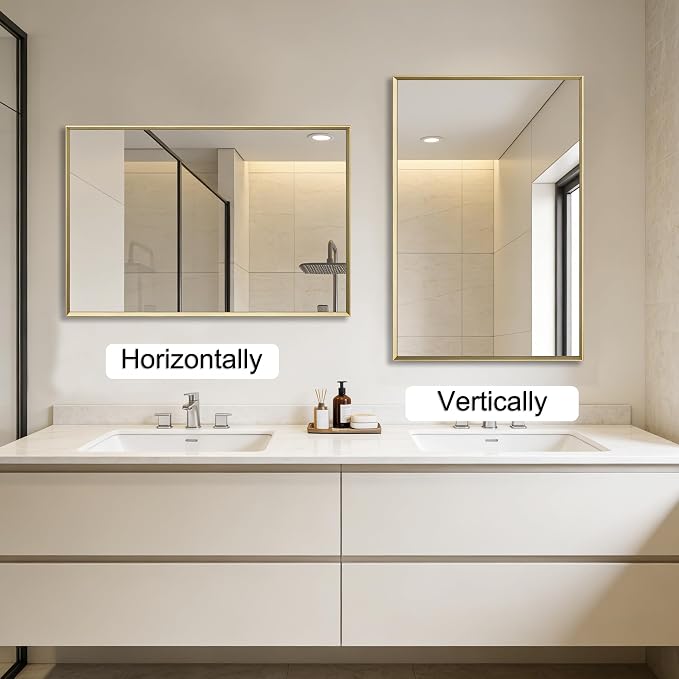 Bathroom Mirror for Wall, 24x16 Inch Framed Vanity Mirror Brushed Gold | Rectanglar Metal Beveled Framed Mirror for Over Sink, Tempered Glass, Anti-Rust, Hangs Horizontally or Vertically