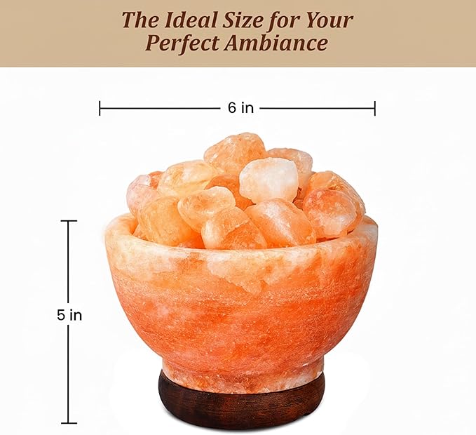 POHS Himalayan Pink Salt Lamp Bowl – Authentic from Pakistan, Natural Crystal Chunks, Dimmable Warm Glow Light, Premium Wooden Base – Relaxation, Bedroom Decor & Gift