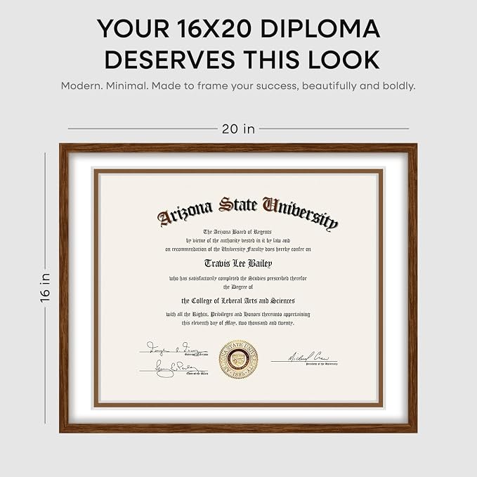 Homeforia 16x20 Brown Oak Diploma Frame, High-End Wood, 14x17 Mat, Glass