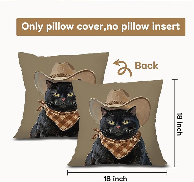 Vintage Western Cowboy Black Cat Pillow Covers 18x18, Black Cat Gifts, Rustic Country Western Cowboy Kitten Decorative Throw Pillow Covers Pillowcases for Home Bedroom Living Room Decor