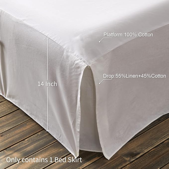 BISELINA French Linen Bed Skirt Split Corner with Button 14-Inch Tailored Drop Natural Flax Cotton Blend Basic Dust Ruffle Soft Cozy (14" King,Button White)
