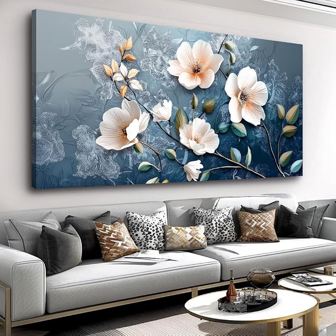Large White Flower Wall Art with Blue Background Elegant Flower Framed Floral Canvas Print for Living Room, Bedroom, Dining Room, Home Office Modern Ready to Hang Home Decor - 20"x40"