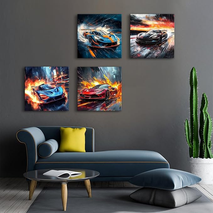 Racing Art Prints Boys Bedroom Cool Car Posters Super Car Painting for Living Room Enthusiast Gift for Men Man Cave Home Decoration Game Room Lamborghini McLaren Ferrari Bugatti Wall Decor 20x20" 4Pcs