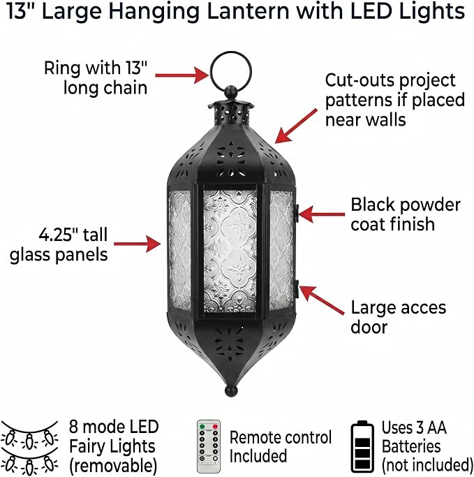 Vela Lanterns Hanging Moroccan Lantern with LED Twinkle Fairy Lights - Exotic Decorative Patio & Porch Decor, Indoor Outdoor Candle Lamp Holder with Chain (13" Large, Clear Glass)