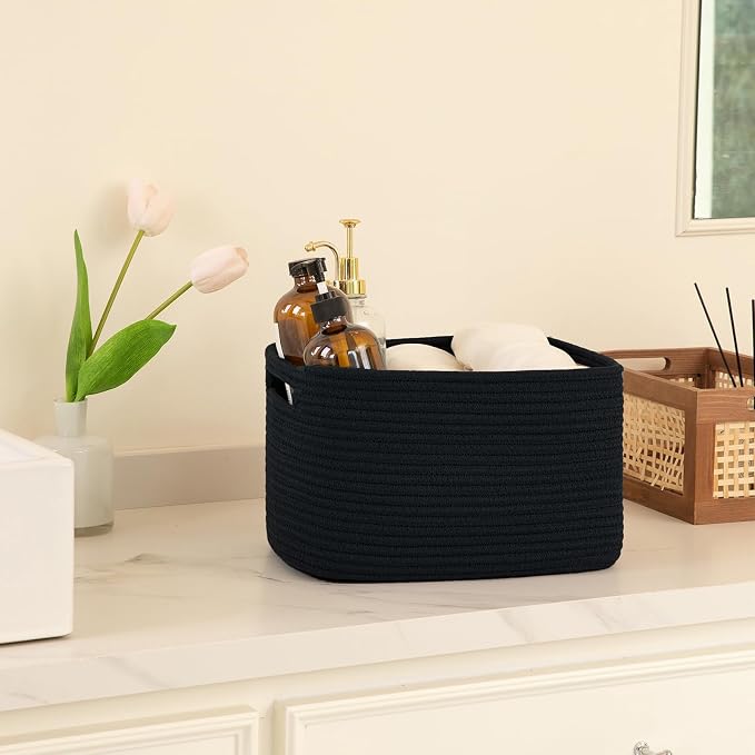 OIAHOMY 4 Pack Storage Baskets for Organizing 24L Cube Storage Bins Black | Woven Baskets for Storage Rectangle Small Baskets With Handles Baskets for Shelves Wicker Baskets for Shelves 16x12x8inch