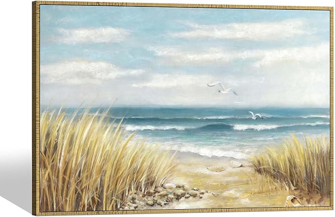 Beach Canvas Picture Wall Art: Large Ocean Sea Framed Painting Coastal Seascape Waves Artwork Decor Abstract Seaside Seashore Seagull Print for Office Living Room Bedroom 45 x 30 Inches