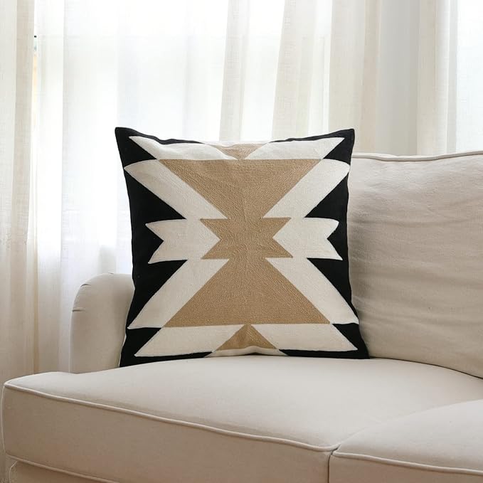IKATYARN Black White Coffee Aztec Embroidery Throw Pillow Cover,Boho Tribal Geometric Pillowcase, Modern Farmhouse Brown Cushion Case for Couch Sofa Bed, 16"x16"