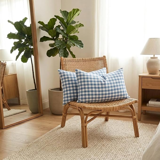 Farmhouse Light Dusty Blue Gingham Lumbar Pillow Covers 12x20 Set of 2 | Soft Couch Lumbar Pillow Cover 12 x 20, Blue Aesthetic Room Decor, Outdoor Porch Patio Pillows, Neutral Throw Pillow Covers